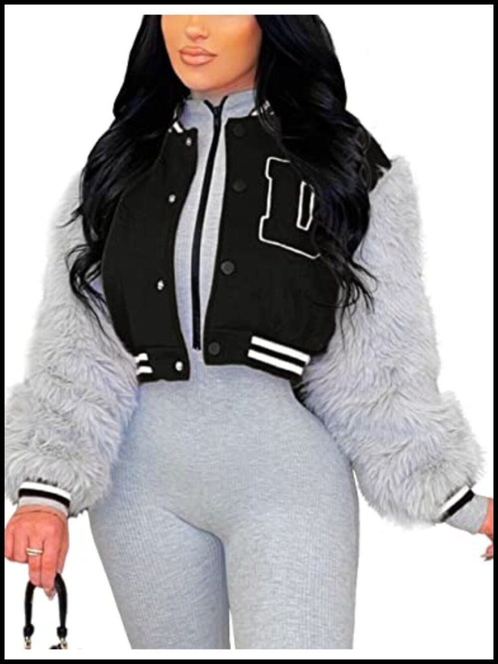 Faux Fur Sleeve Cropped Varsity Jacket Button Up Letterman Coat